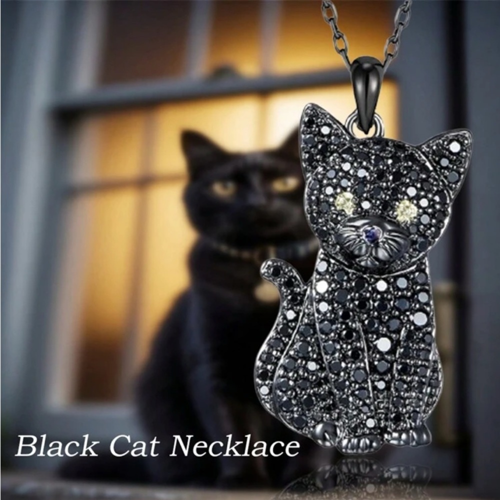 Black Rhinestone Cat Necklace